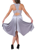 Load image into Gallery viewer, Silver Velvet Tango Dress With Lace Back