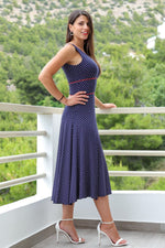 Load image into Gallery viewer, Dark Blue Polka Dot Midi Dress