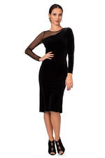 Load image into Gallery viewer, Long-Sleeve Velvet Fishtail Dress With Tulle Details