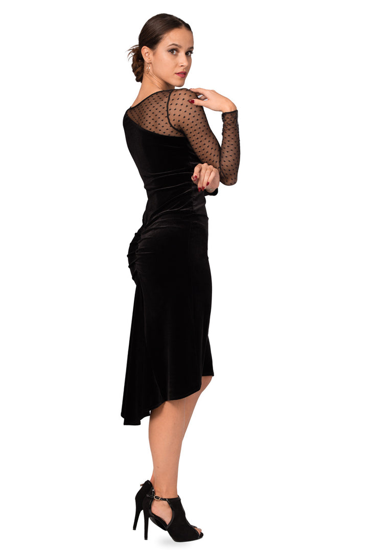 Long-Sleeve Velvet Fishtail Dress With Tulle Details