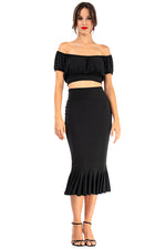 Load image into Gallery viewer, Monochrome Mexican Style Ruffled Off-The-Shoulder Crop Top