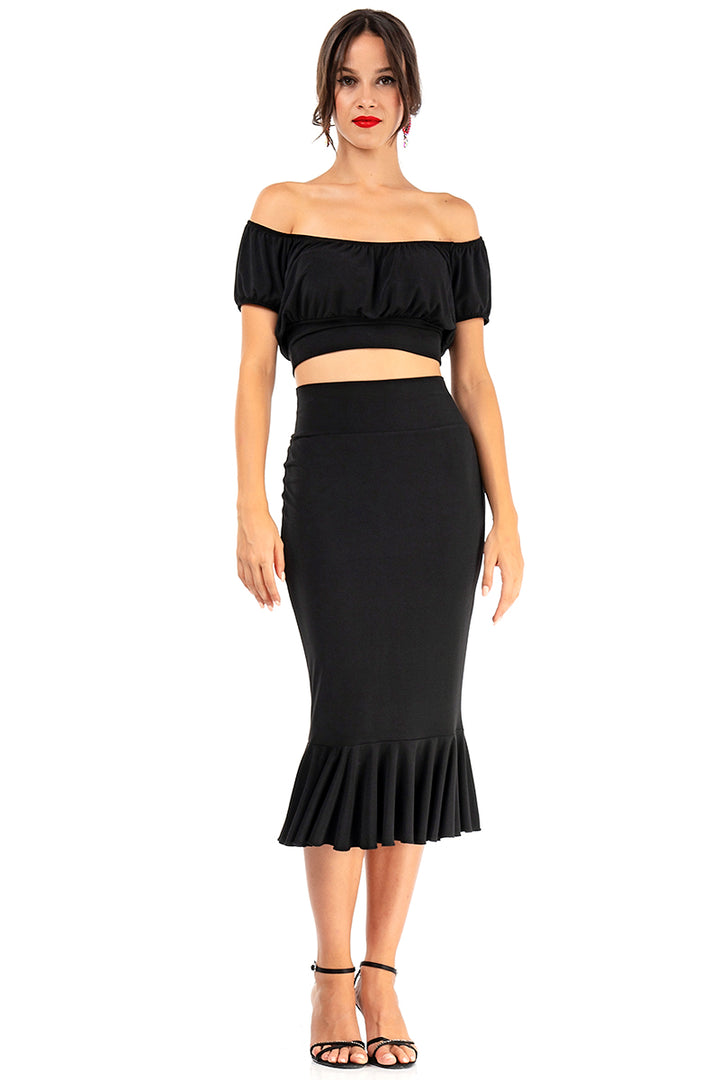 Monochrome Mexican Style Ruffled Off-The-Shoulder Crop Top