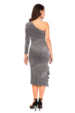 Load image into Gallery viewer, One-Sleeved Silver Midi Dress With Side Ruffles
