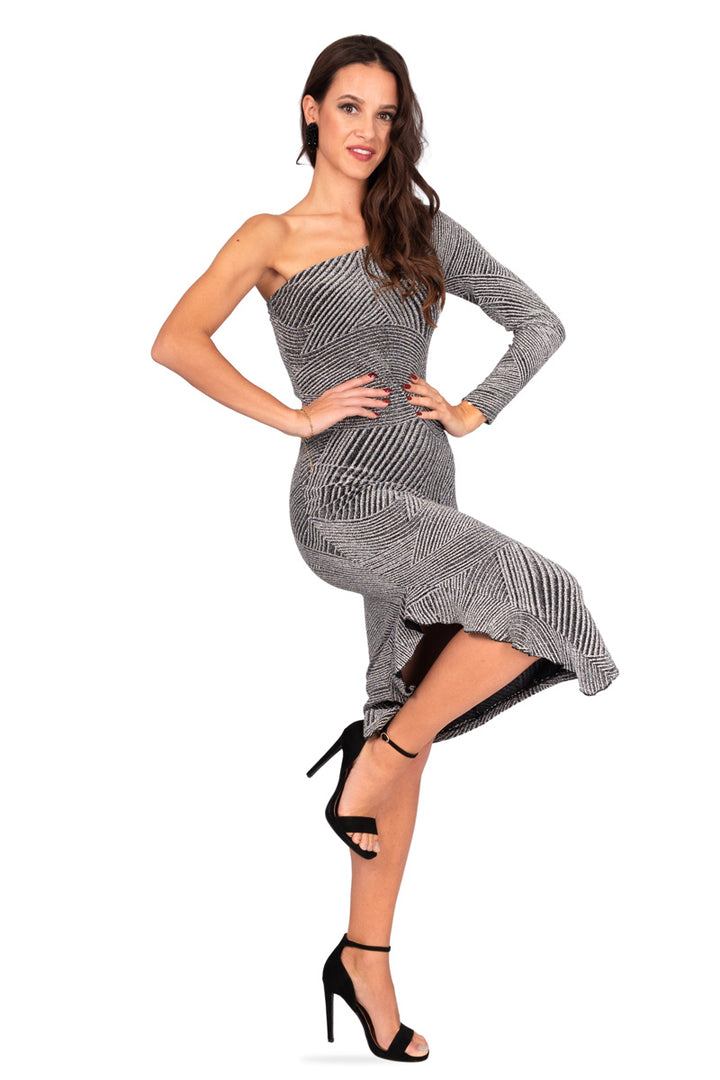 One-Sleeved Silver Midi Dress With Side Ruffles