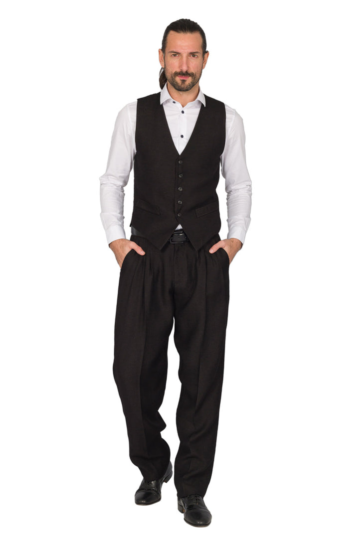 Shiny Black Linen Tango Pants With Four Pleats