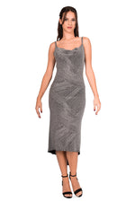 Load image into Gallery viewer, Silver Midi Fishtail Dress With With Draped Neck

