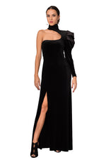 Load image into Gallery viewer, Turtle Neck One-Sleeve Velvet Evening Dress