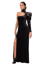 Load image into Gallery viewer, Turtle Neck One-Sleeve Velvet Evening Dress