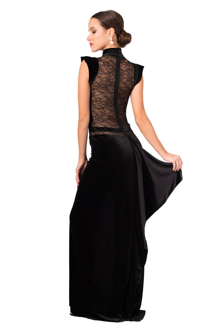 Velvet Floor-length Gown With Lace Top