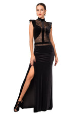 Load image into Gallery viewer, Velvet Floor-length Gown With Lace Top