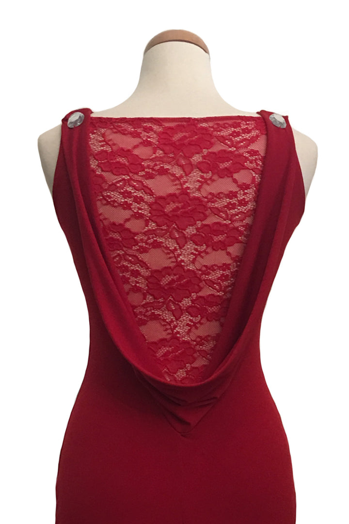 Elegant Tango Dress with Draped Lace Back - Red with Jewels