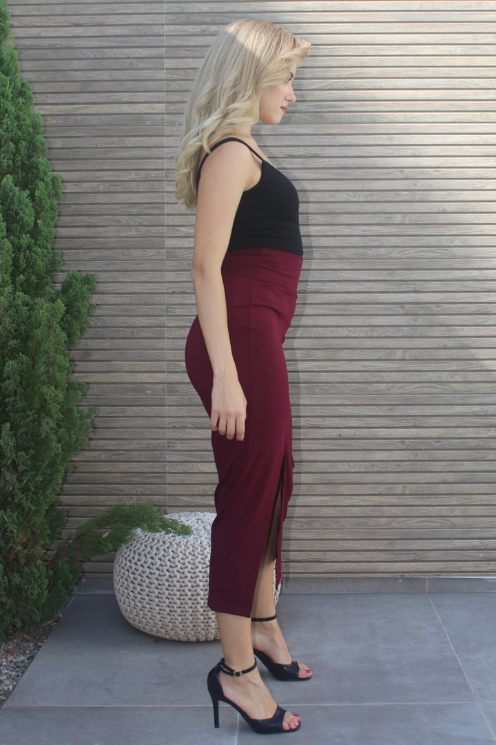 Burgundy High Waisted Pencil Skirt With Slit