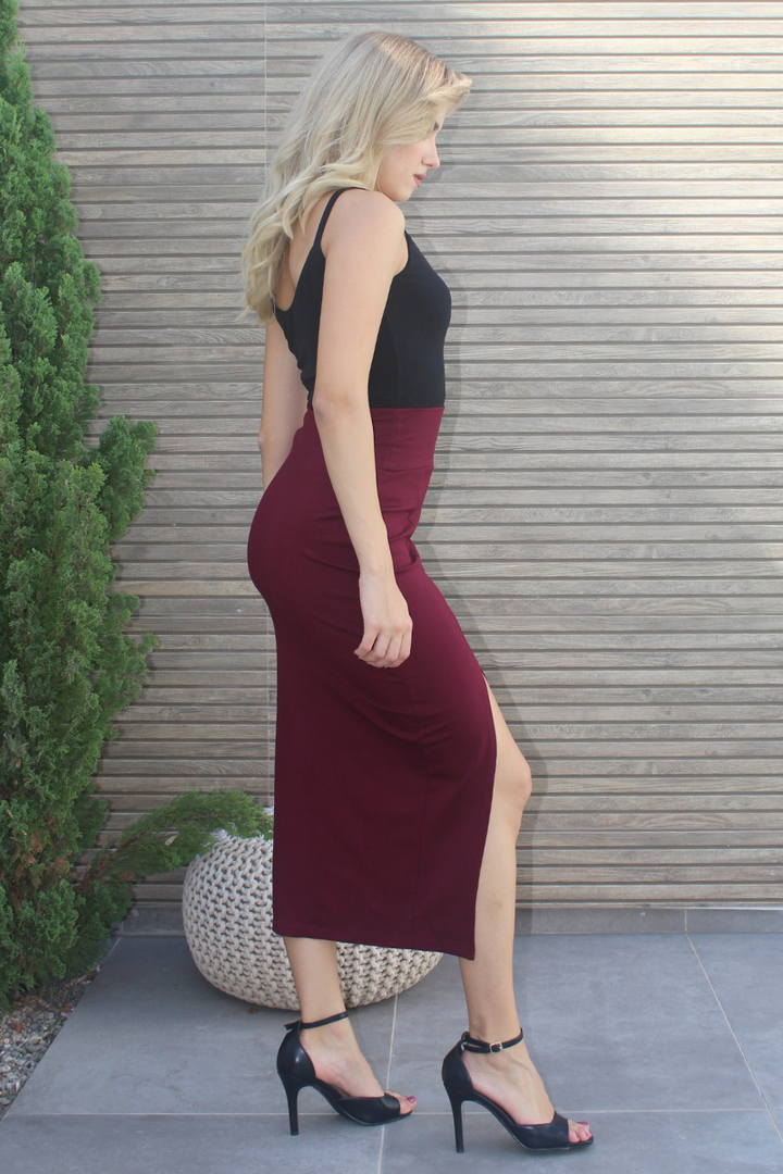 Burgundy High Waisted Pencil Skirt With Slit