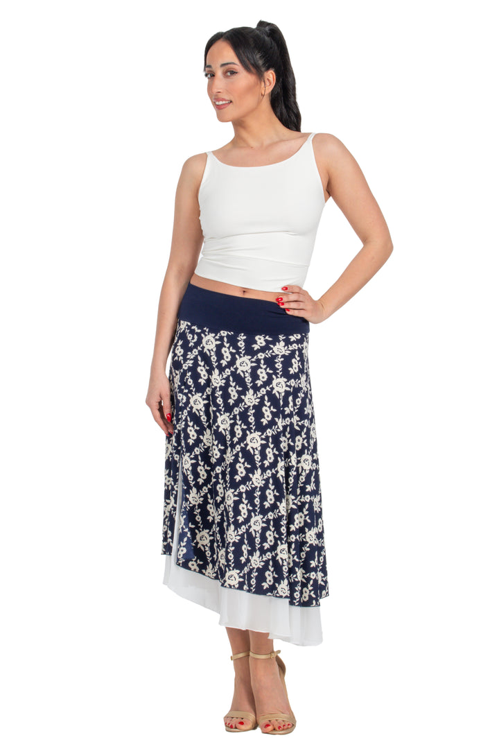 Navy Blue Floral Print Two-layer Georgette Dance Skirt