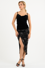 Load image into Gallery viewer, Printed Velvet Tango Skirt With Curved Front Slit
