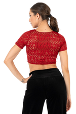 Load image into Gallery viewer, Red Heart Pattern Lace Crop Top (S)