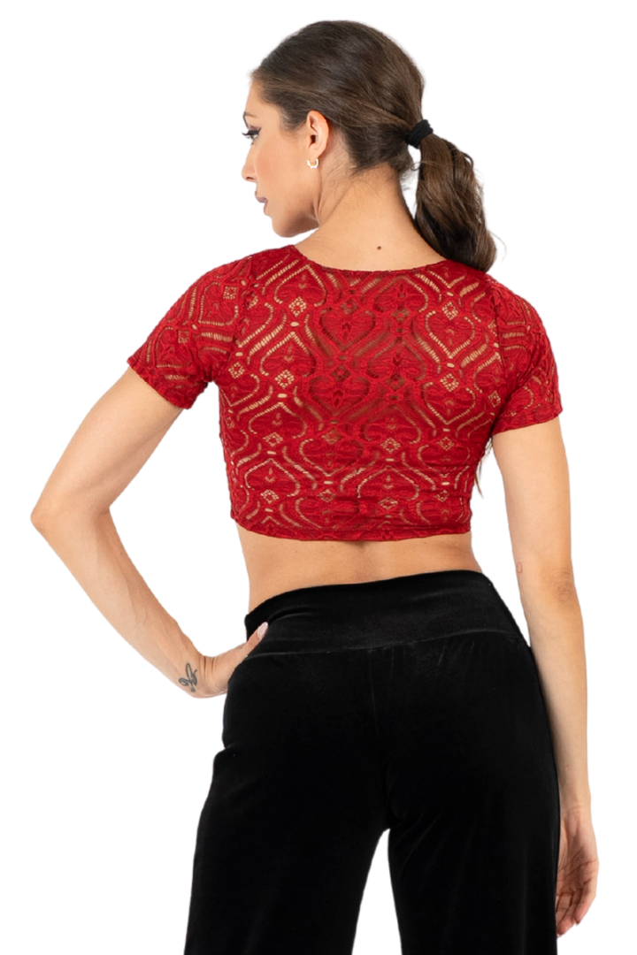 Red Heart Pattern Lace Crop Top (S)