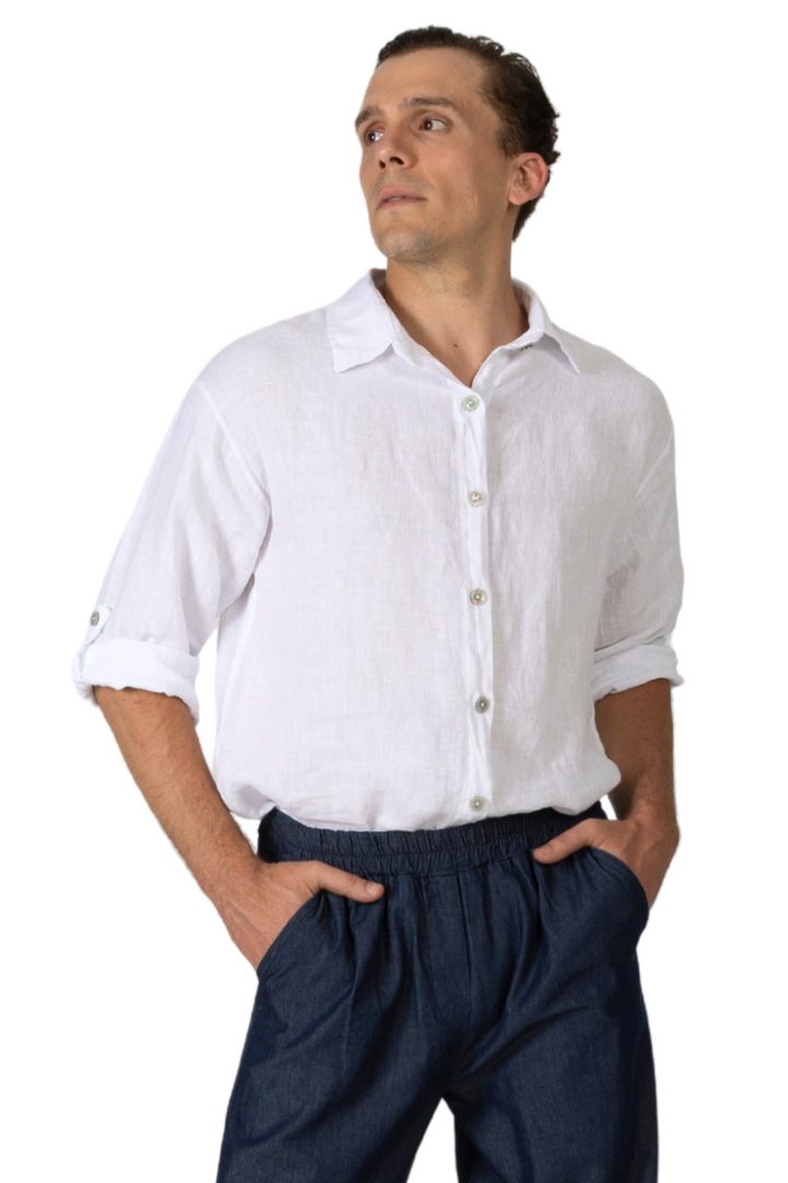 Loose Fit White Linen Button-Down Shirt
