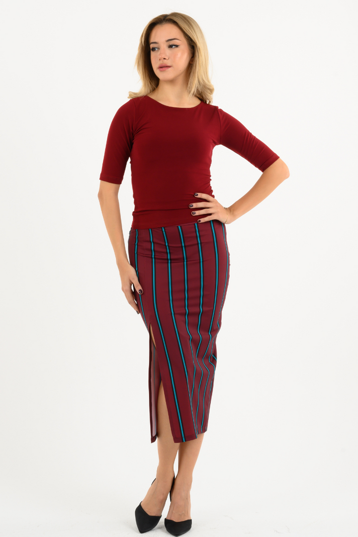 Burgundy Striped Pencil Skirt