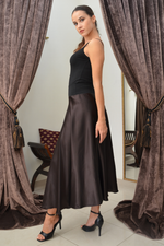 Load image into Gallery viewer, Dark Brown Swing Satin Skirt
