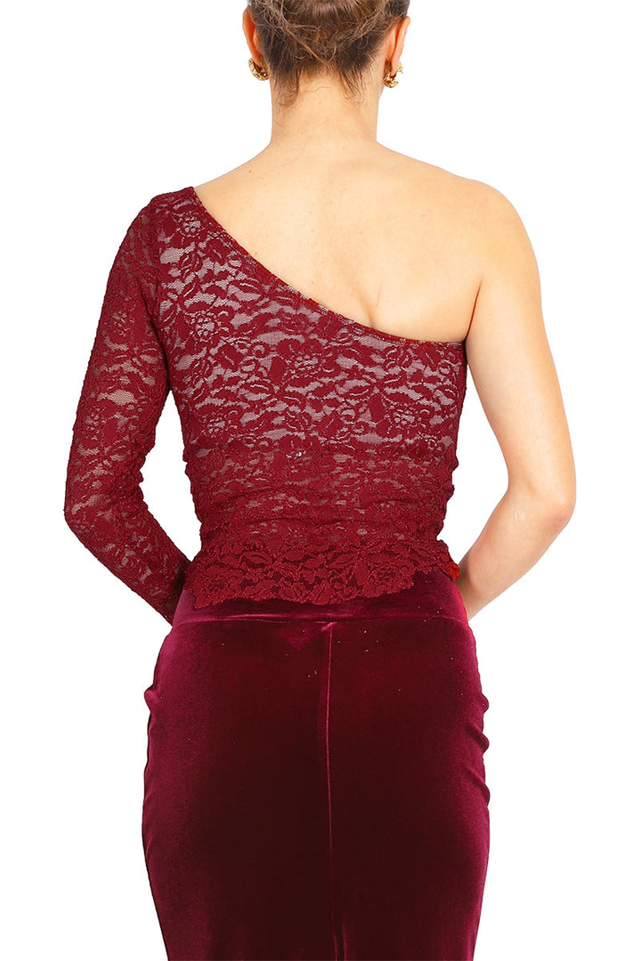 One-shoulder Burgundy Lace Tango Top