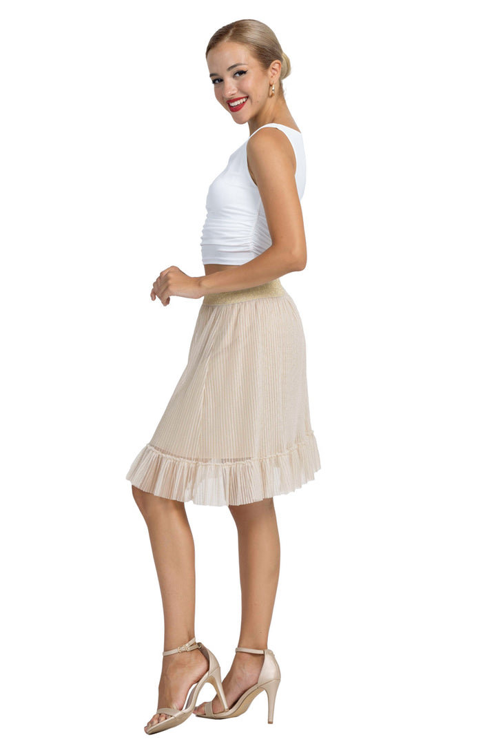 Beige Pleated Above-Knee Prairie Skirt