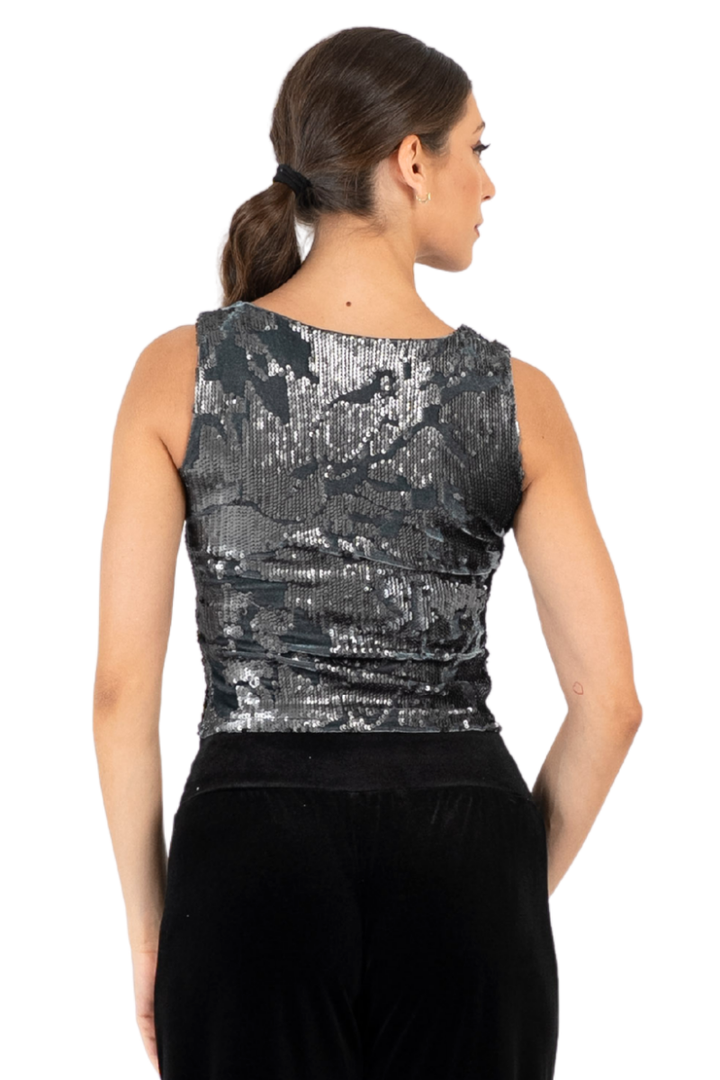 Grey Sequin And Velvet Sequin Sleevless Tango Top (S)