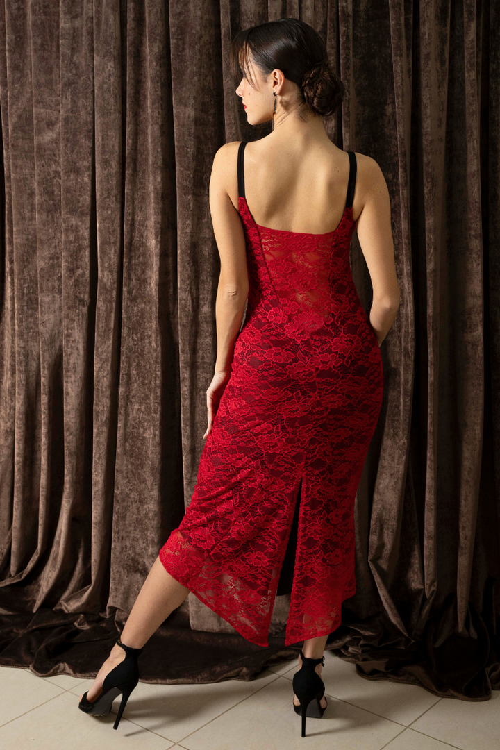 Red Lace Tango Dress With Slitted Tail ❤️