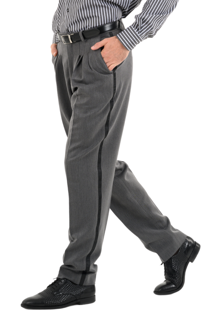 Grey Tango Pants With Three Pleats & Side Stripe