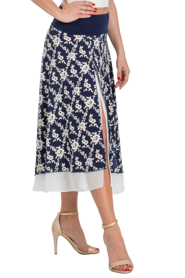 Navy Blue Floral Print Two-layer Georgette Dance Skirt