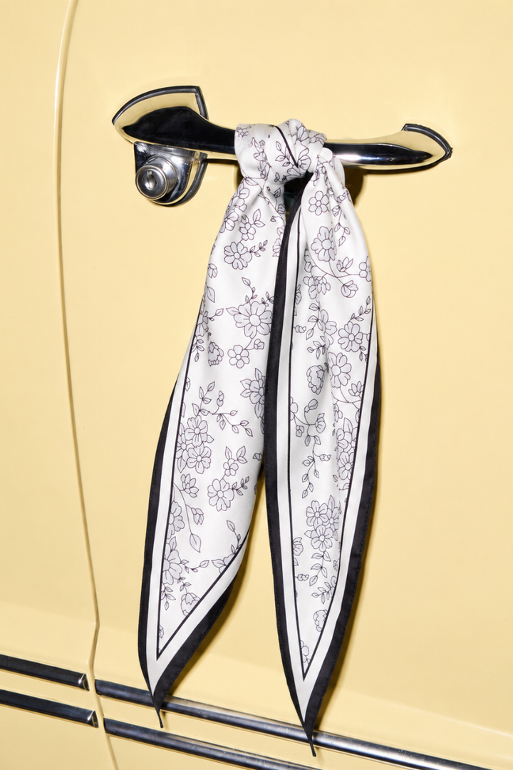 Off-white Floral Satin Diamond Scarf With Black Outline