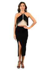 Load image into Gallery viewer, Beige Halter Neck Top With Black Fringe Layer
