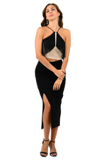 Load image into Gallery viewer, Beige Halter Neck Top With Black Fringe Layer
