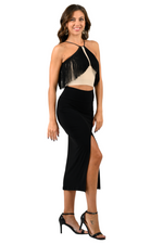 Load image into Gallery viewer, Beige Halter Neck Top With Black Fringe Layer
