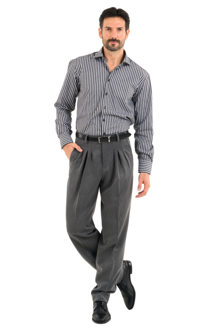 Grey Tango Pants With Three Pleats & Side Stripe