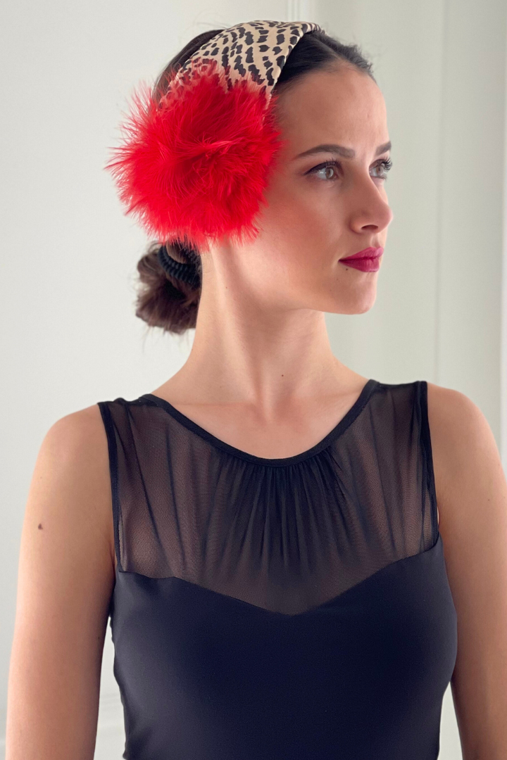 Beige and Black Headpiece with Red Feathers
