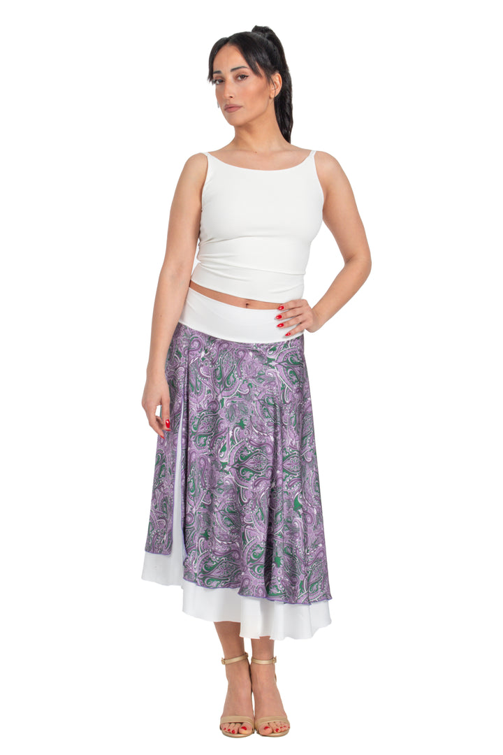 Purple Paisley Print Two-layer Satin Dance Skirt