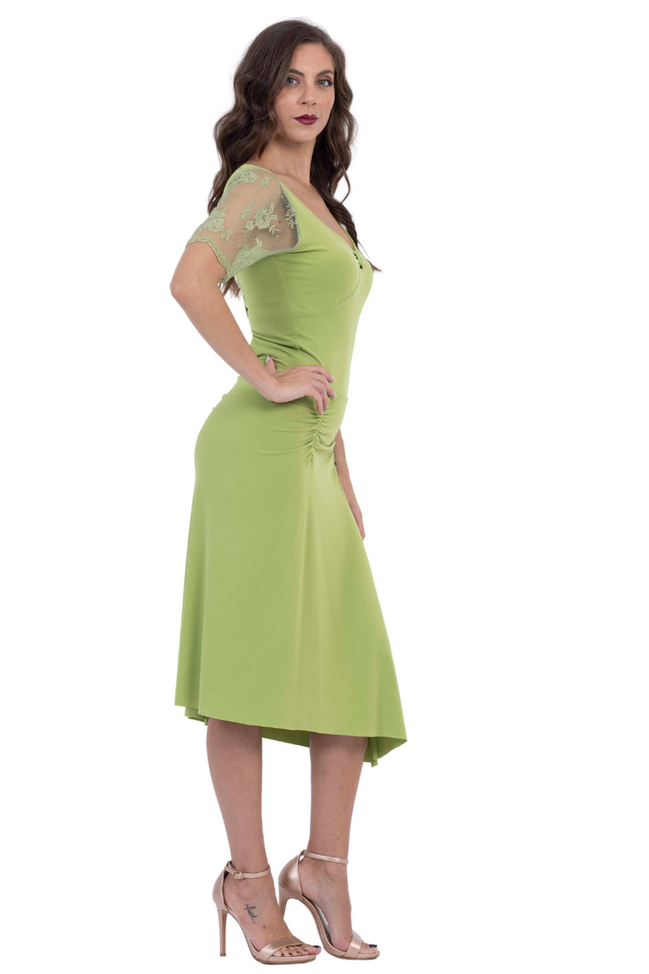 Light Green Tango Dress With Asymmetric Sleeve & Cut Out Back (L)