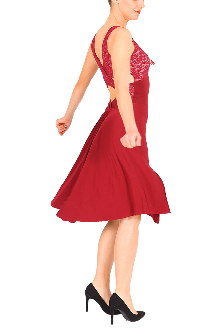 Red Crisscross Tango Dress with Lace & Back Draping 