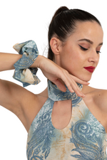 Load image into Gallery viewer, Beige &amp; Blue Abstract Paisley Print Scrunchie
