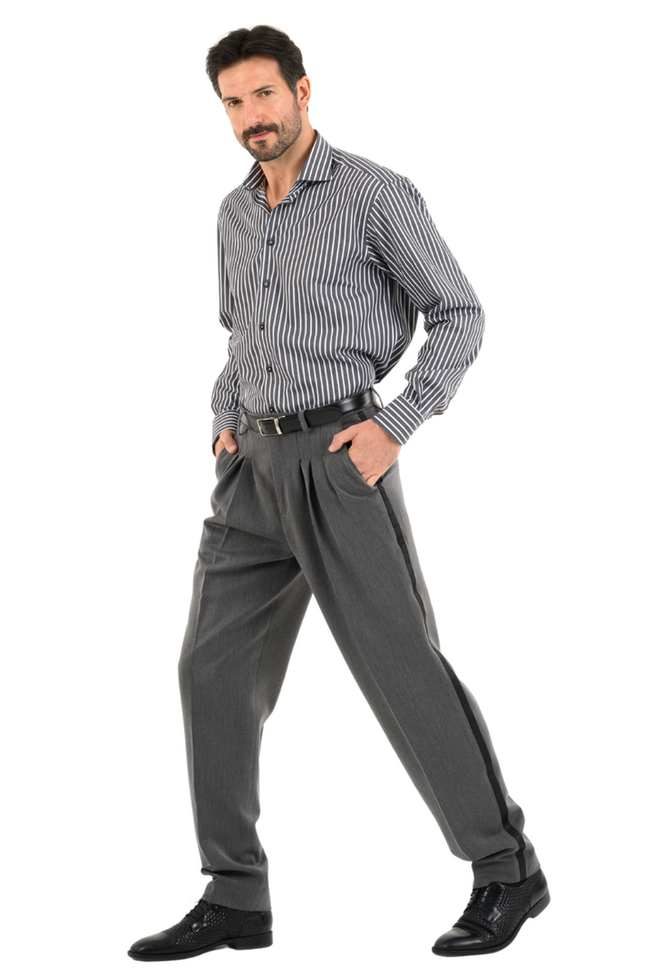 Grey Tango Pants With Three Pleats & Side Stripe