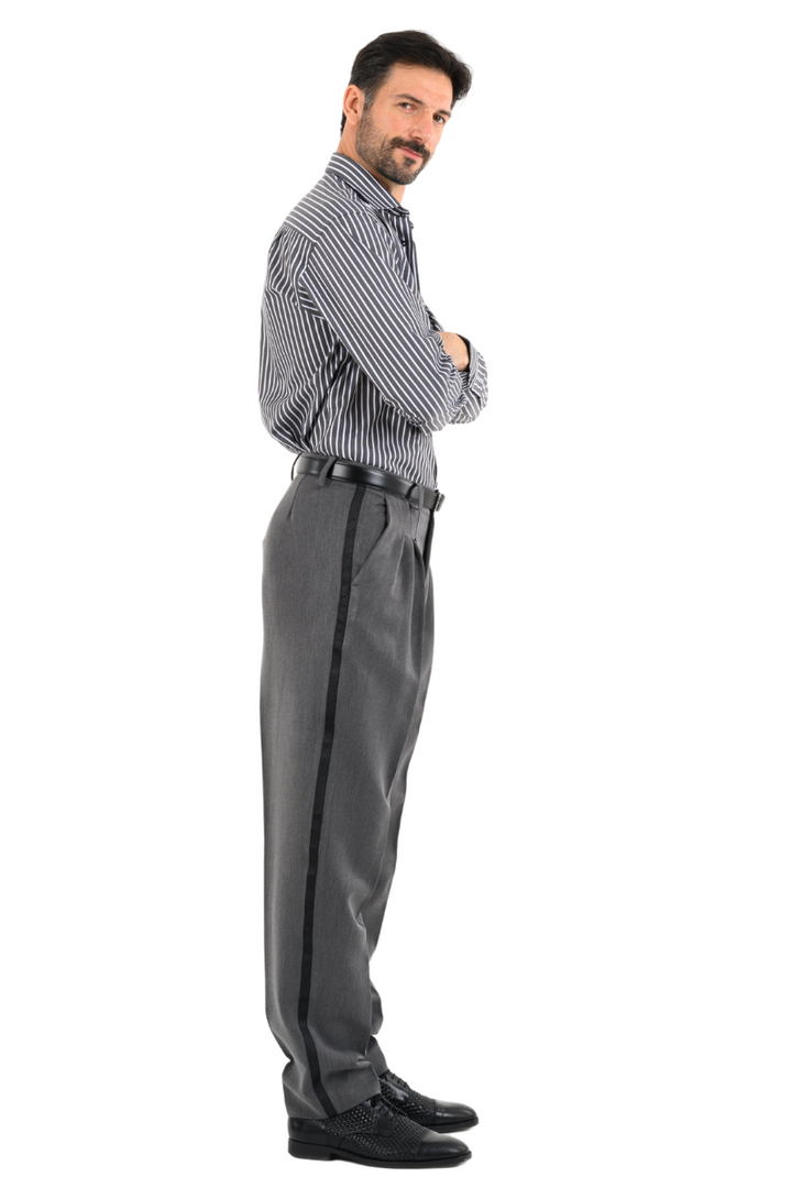 Grey Tango Pants With Three Pleats & Side Stripe