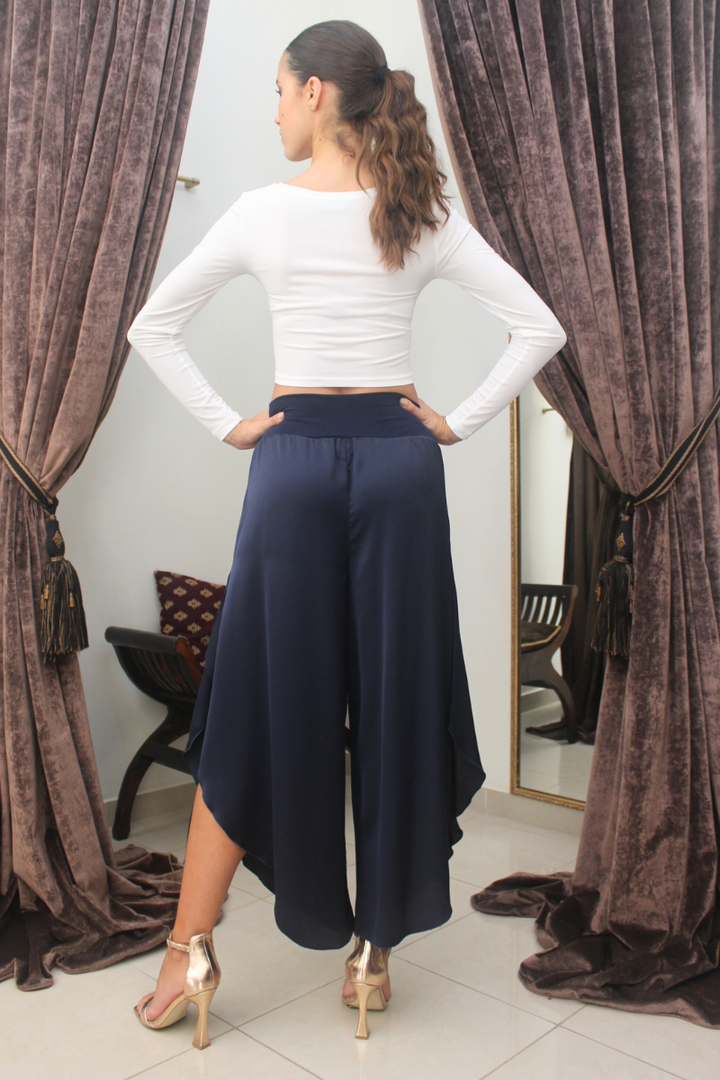 Dark Blue Asymmetric Satin Tango Pants