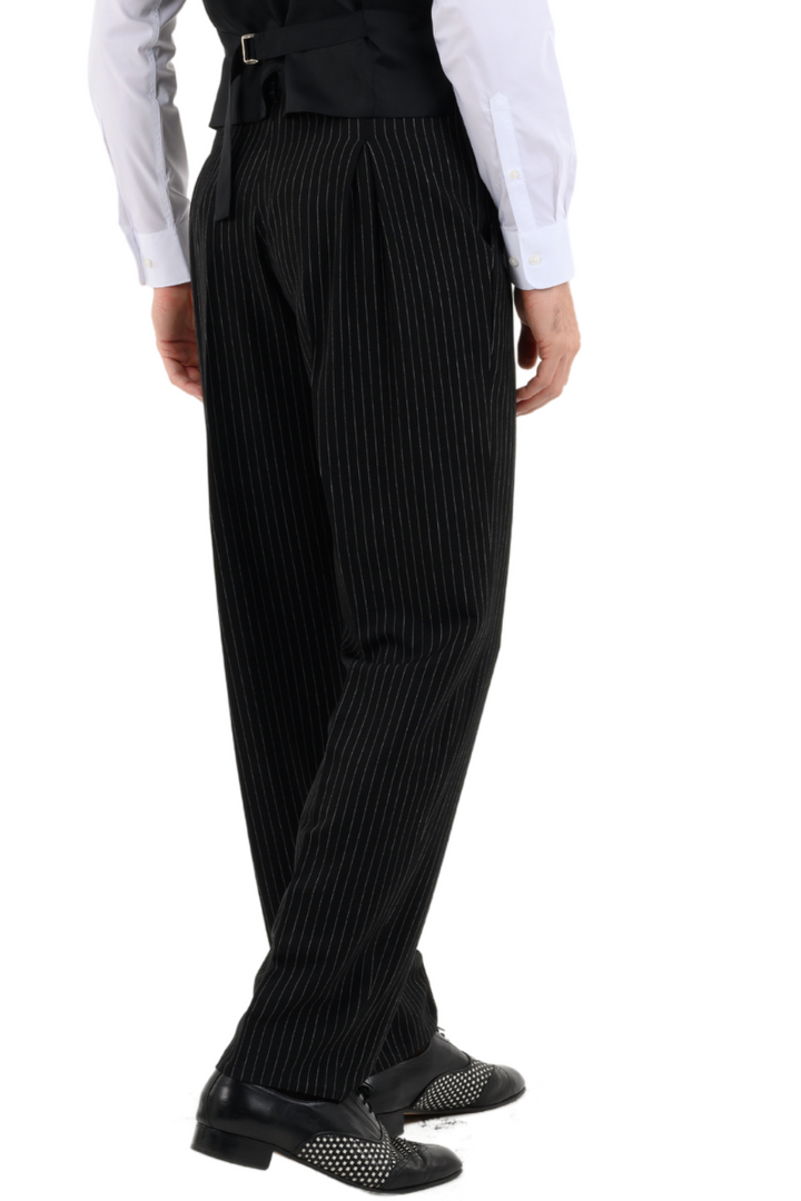 Black Pinstriped Tango Pants With Front And Back Pleat