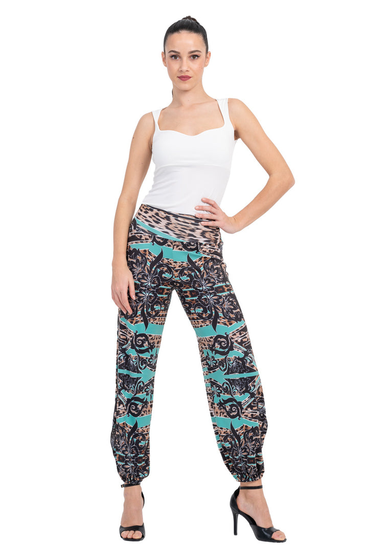 Green Abstract Animal Print Babucha Tango Pants With Slits