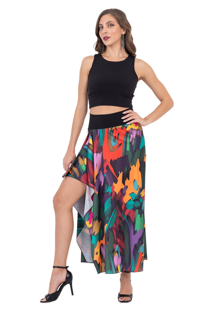 Abstract Colorful Satin Tango Skirt with Ruffled Slit