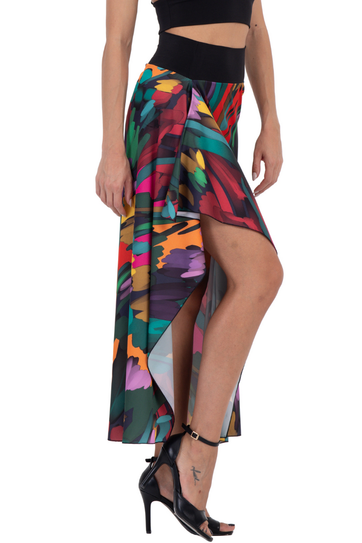 Abstract Colorful Satin Tango Skirt with Ruffled Slit 