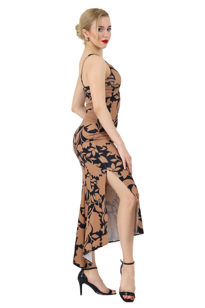 Abstract Floral Midi Dress With Asymmetric Neckline