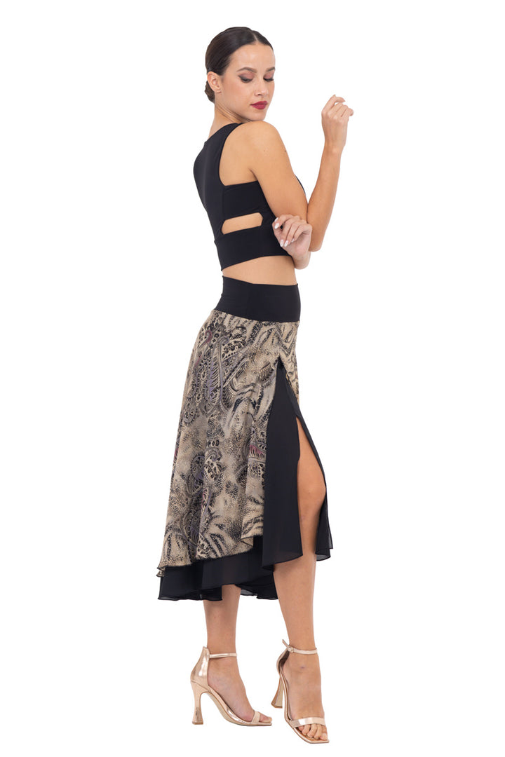 Abstract Paisley & Animal Print Georgette Two-layer Skirt