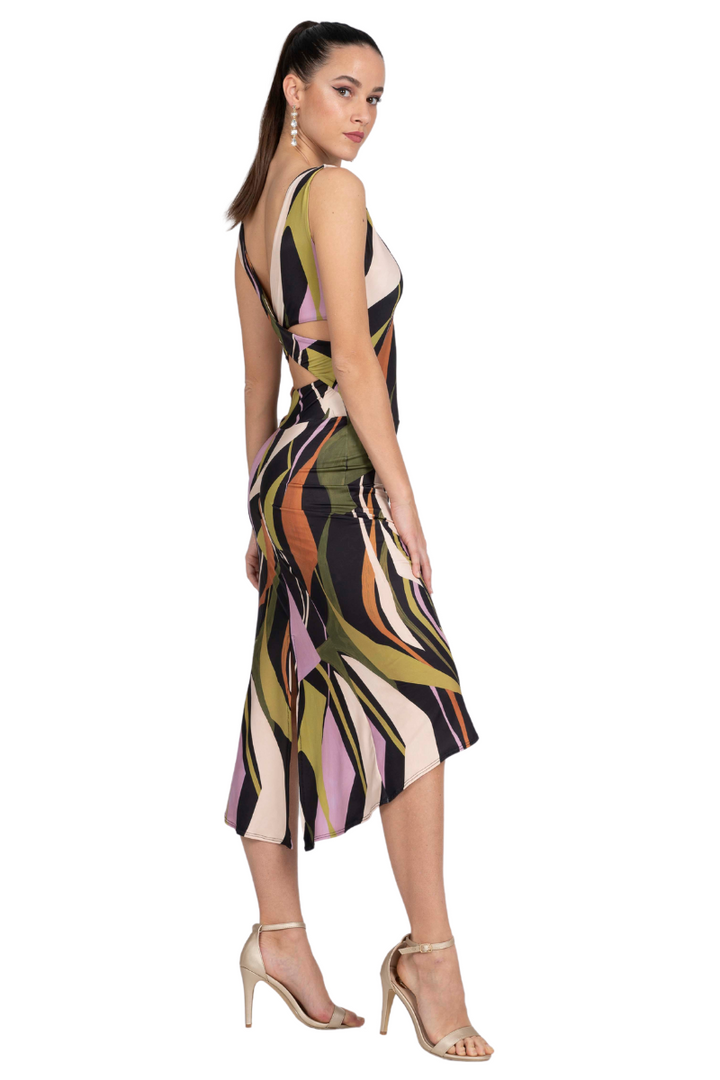 Abstract Print Crisscross Back Tango Dress With Center Back Slit